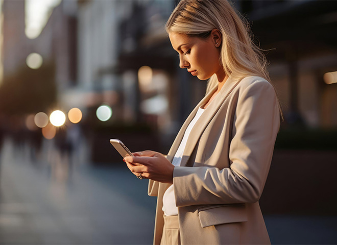 Business woman looking at smartphone
