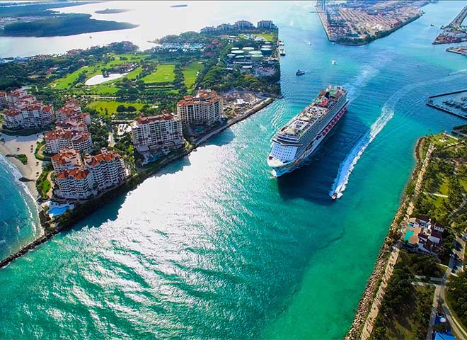 Cruise ship sailing in inlet