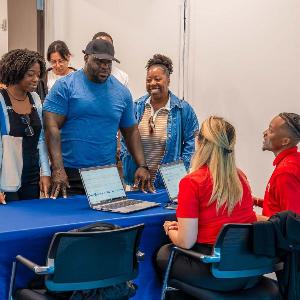 Adult getting info about college