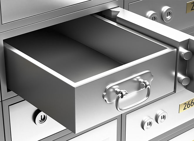 Safe bank deposit box open with empty drawer