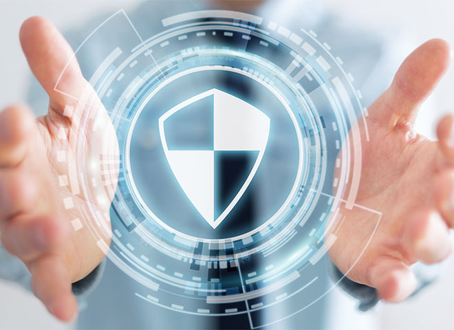 Hands around a digital security shield
