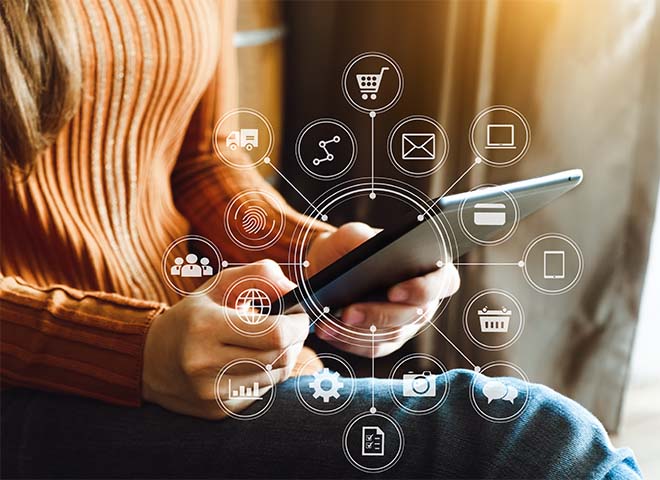 Woman on smartphone with banking icons